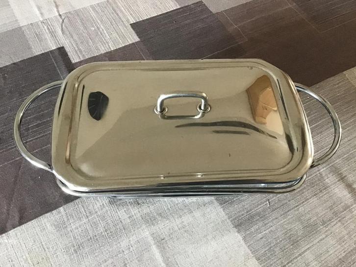 Zilver kleurig rechaud met glazen schaal, Huis en Inrichting, Keuken | Keukenbenodigdheden, Zo goed als nieuw, Ophalen of Verzenden
