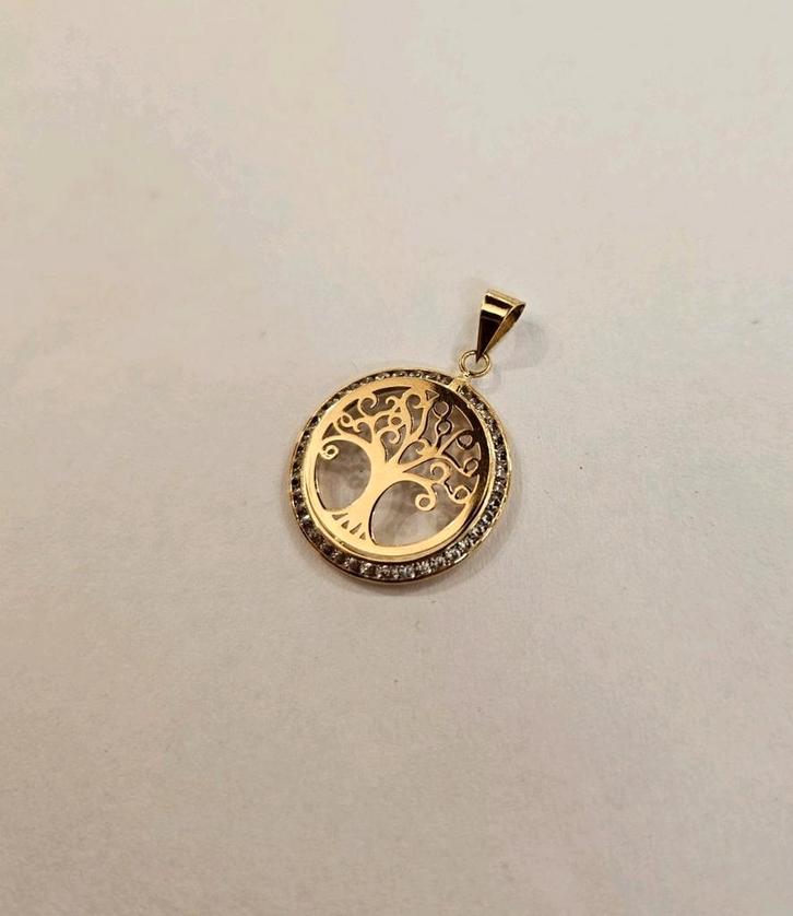 14 karaats gouden Levensboom hanger bezet met Zirkonia's, Sieraden, Tassen en Uiterlijk, Kettinghangers, Zo goed als nieuw, Goud