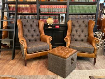 NIEUW Chesterfield oor fauteuil stof Harris Tweed stof leer beschikbaar voor biedingen