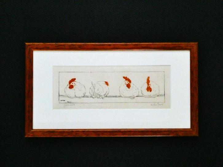 Originele houtsnede Anton Pieck Vier  Kippen Japans papier, Antiek en Kunst, Kunst | Etsen en Gravures, Ophalen of Verzenden