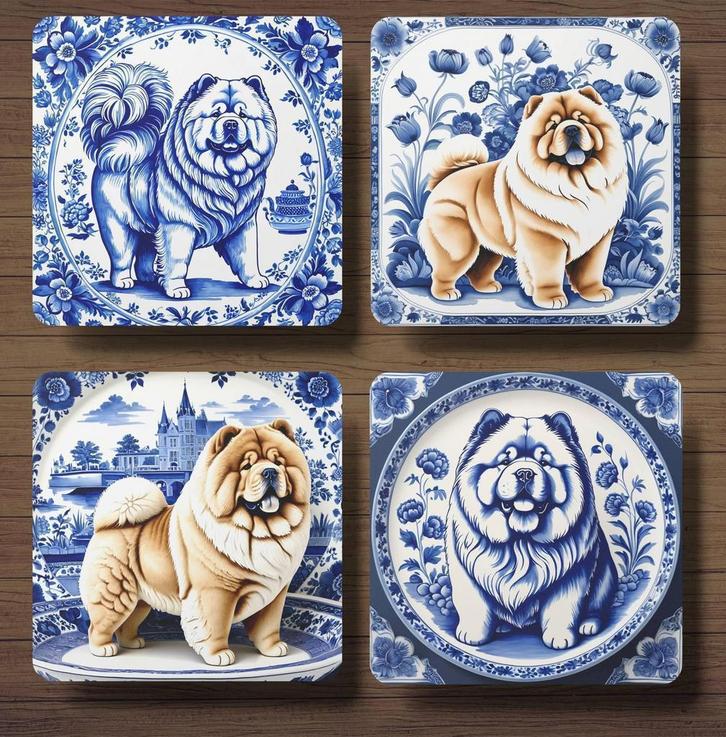 Chow Chow Delfts Blauw onderzetters met houder, Huis en Inrichting, Woonaccessoires | Onderzetters, Nieuw, Glas of Kopje, Ophalen of Verzenden