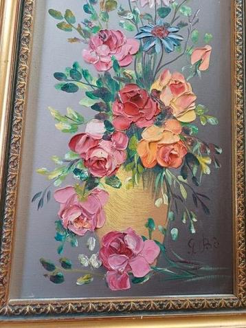 Franse brocante olieverf schilderij boeket stilleven 3d roos beschikbaar voor biedingen