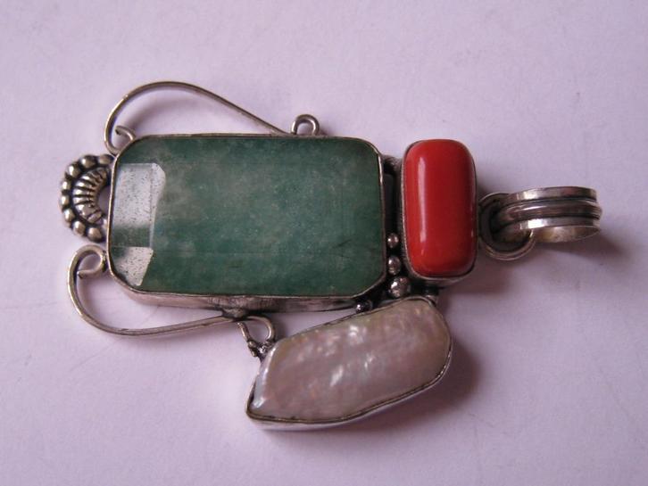 ZILVER - ZILVEREN NAVAJO HANGER m. SMARAGD-PAREL ETC,  925, Sieraden, Tassen en Uiterlijk, Kettinghangers, Zo goed als nieuw, Zilver