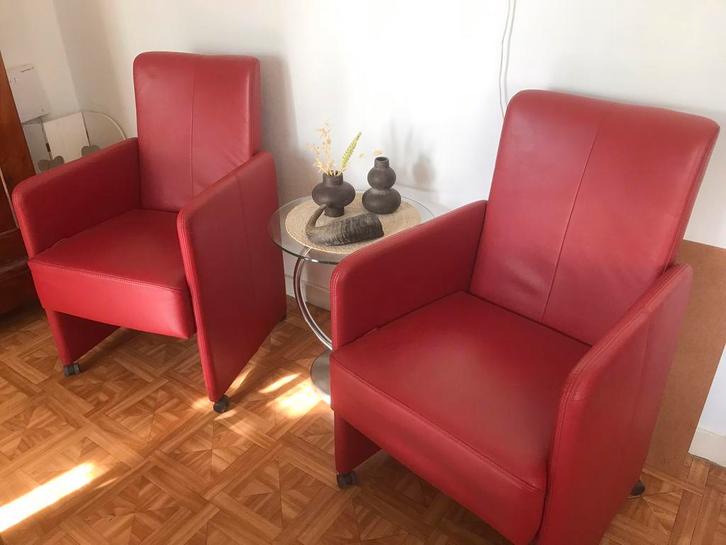 4 lederen eetkamerstoelen met leuning, Huis en Inrichting, Stoelen, Gebruikt, Vier, Leer, Rood, Ophalen