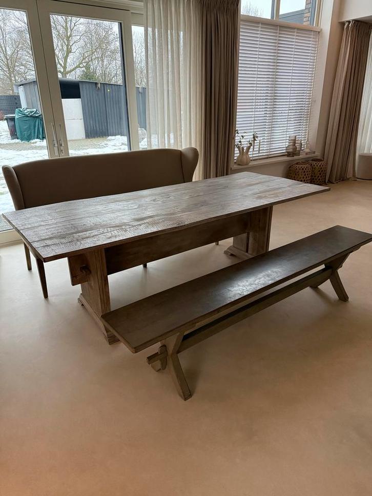 Eettafel met 2 Banken., Tuin en Terras, Picknicktafels, Gebruikt, Rechthoekig, Hout, Ophalen