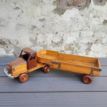Vintage grote houten speelgoed truck met aanhanger - 68cm beschikbaar voor biedingen