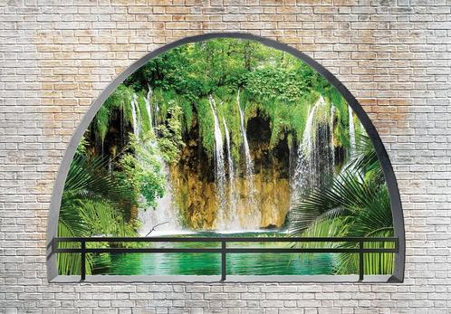 Steen Fotobehang 3D Waterval, waterval, doorkijk, palmboom, Huis en Inrichting, Stoffering | Behang, minder dan 10 m², Verzenden