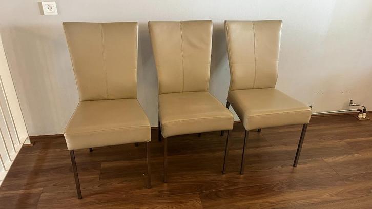 Set van 6 leren eetkamer stoelen, RVS poot., Huis en Inrichting, Stoelen, Gebruikt, Vijf, Zes of meer stoelen, Leer, Metaal, Overige kleuren