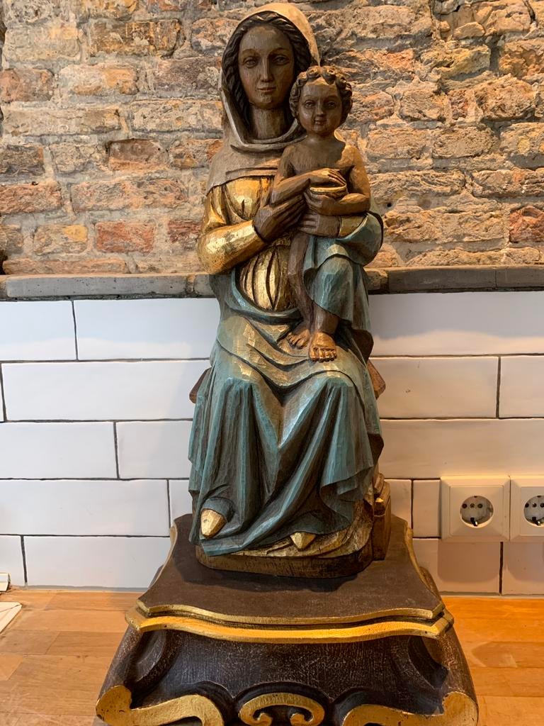 Zittende Madonna met kindje Jezus op console/ hout., Antiek en Kunst, Antiek | Religie, Ophalen