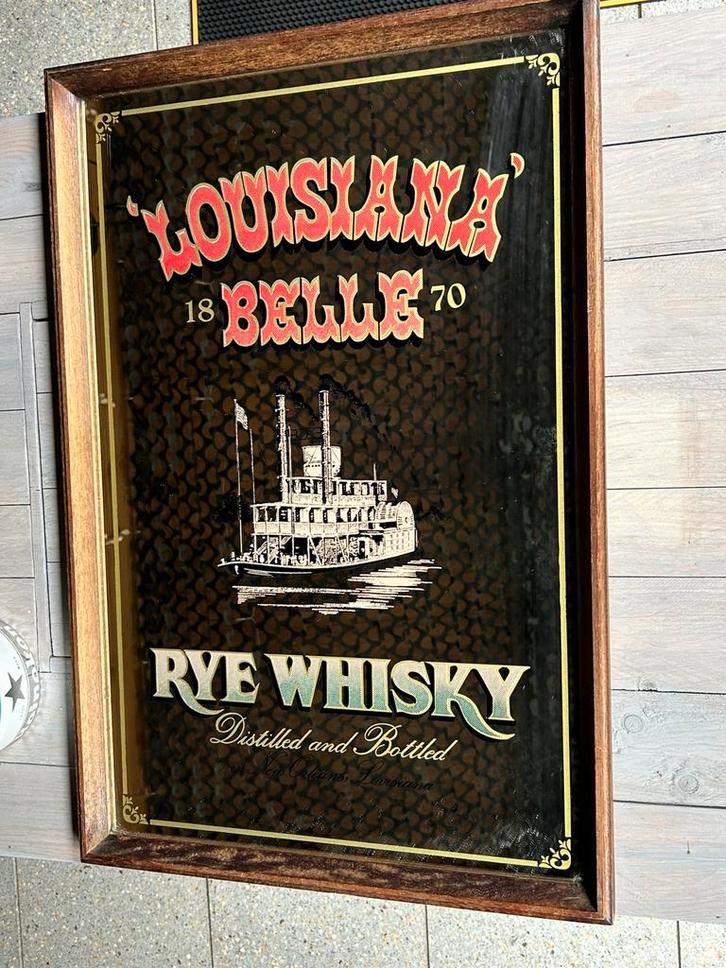 Vintage Louisiana Belle Rye Whisky reclame spiegel, Verzamelen, Merken en Reclamevoorwerpen, Gebruikt, Reclamebord, Ophalen