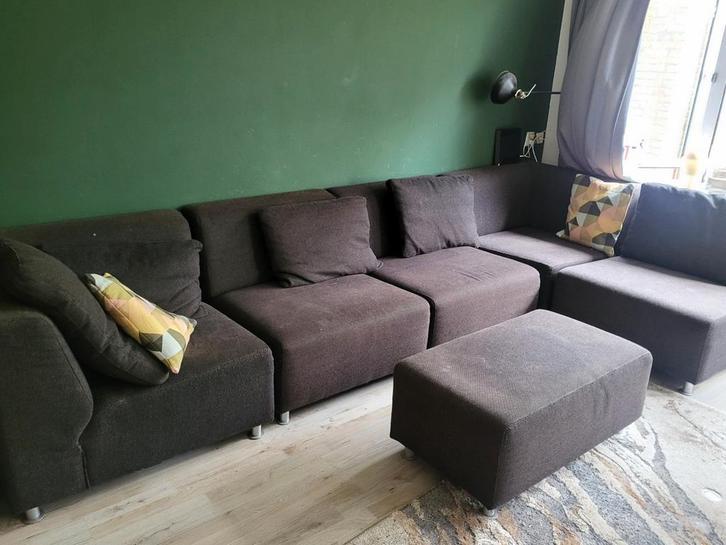 Zwarte hoekbabk incl poef en kussens, Huis en Inrichting, Banken | Complete zithoeken, Gebruikt, Ophalen