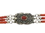 Bloedkoraal collier, 3 rijen, zilveren sierslot. L 43,5 cm, Verzenden, Zilver, Ketting, Met edelsteen