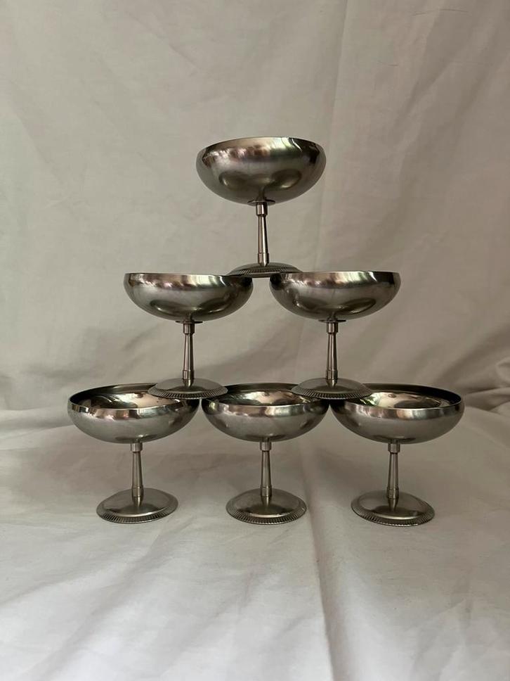 Vintage RVS ijscoupes Letang & Remy | lange voet | set van 6, Huis en Inrichting, Keuken | Servies, Overige typen, Overige stijlen