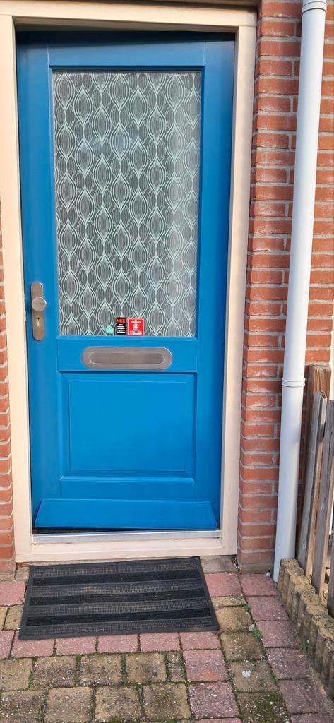 Blauwe buitendeur met glas, Doe-het-zelf en Verbouw, Deuren en Horren, Gebruikt, Buitendeur, 200 tot 215 cm, 80 tot 100 cm, Glas