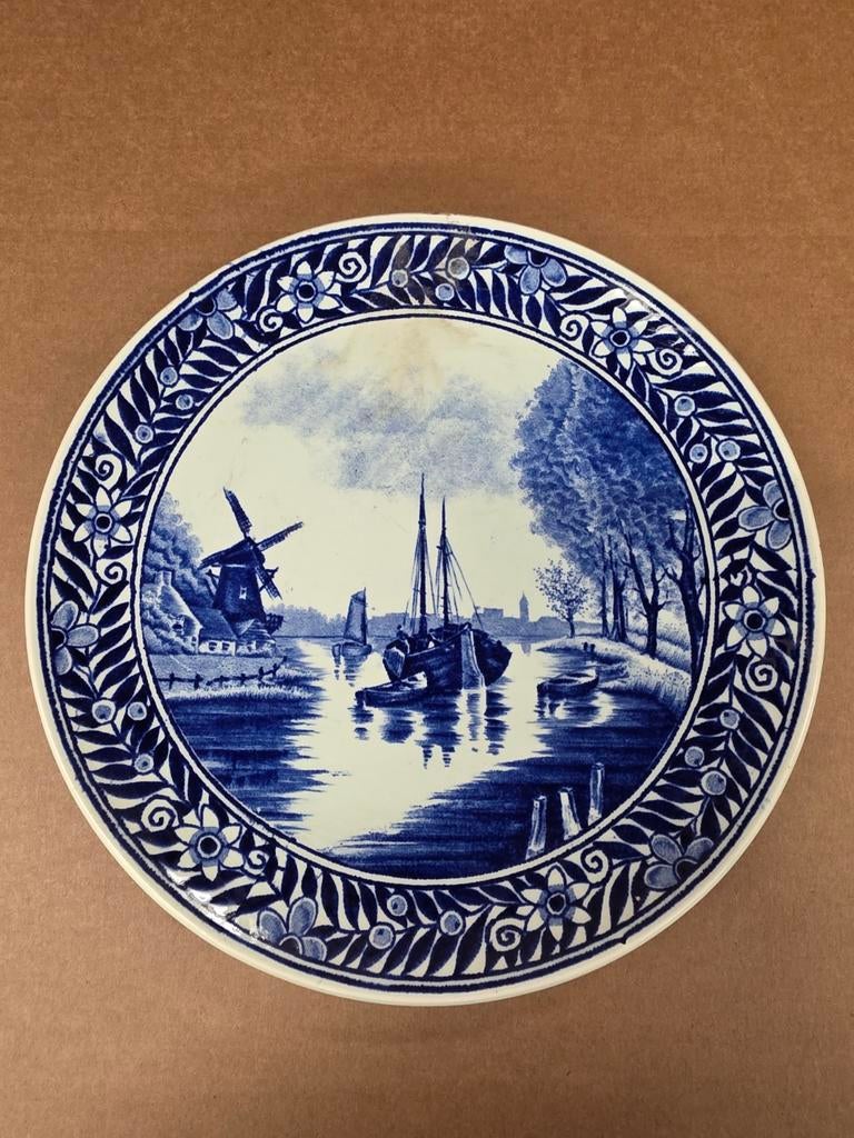 Delfts Blauw Wandbord met Molen en Boot, Ophalen of Verzenden