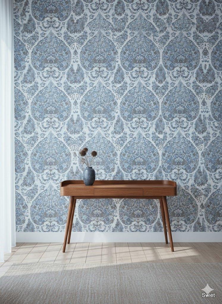 14213 vintage barok vinyl behang blauw dieren swiet, Verzenden, 75 m² of meer, Wit