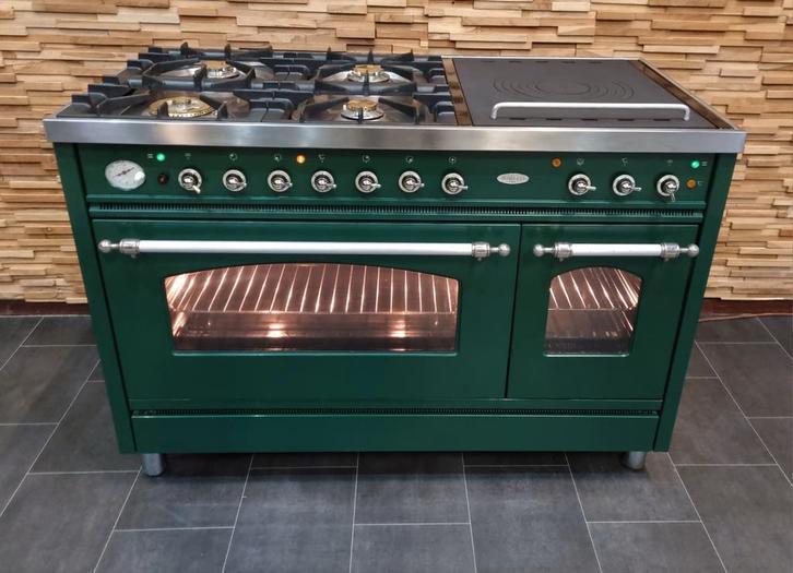 Luxe Fornuis Boretti 120cm groen + rvs Coupe de Feu, Witgoed en Apparatuur, Fornuizen, Zo goed als nieuw, Vrijstaand, Gas, 5 kookzones of meer