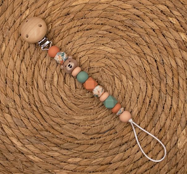 Speenkoord met beertje; siliconen kralen en houten speenclip, Kinderen en Baby's, Kraamcadeaus en Geboorteborden, Nieuw, Kraamcadeau