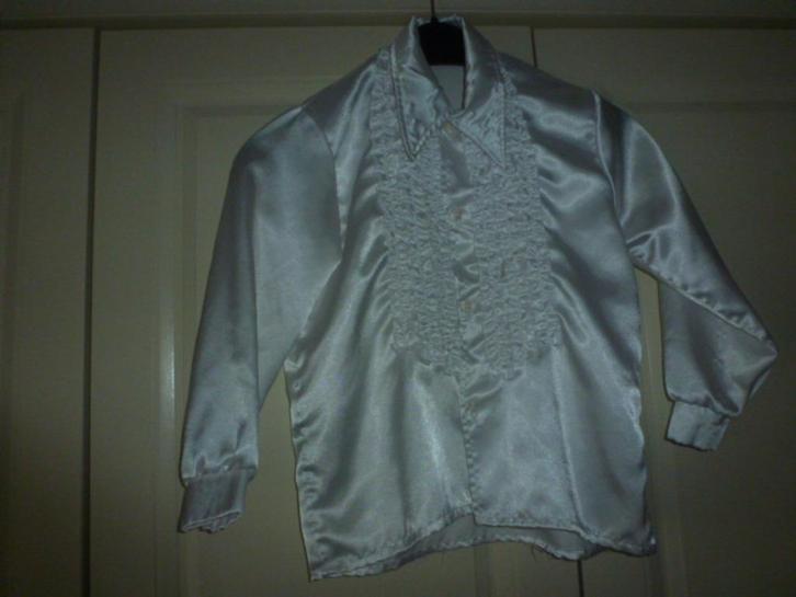 1 mooie witte ruches of disco blouse lange mouwen maat 128, Kinderen en Baby's, Carnavalskleding en Verkleedspullen, Zo goed als nieuw