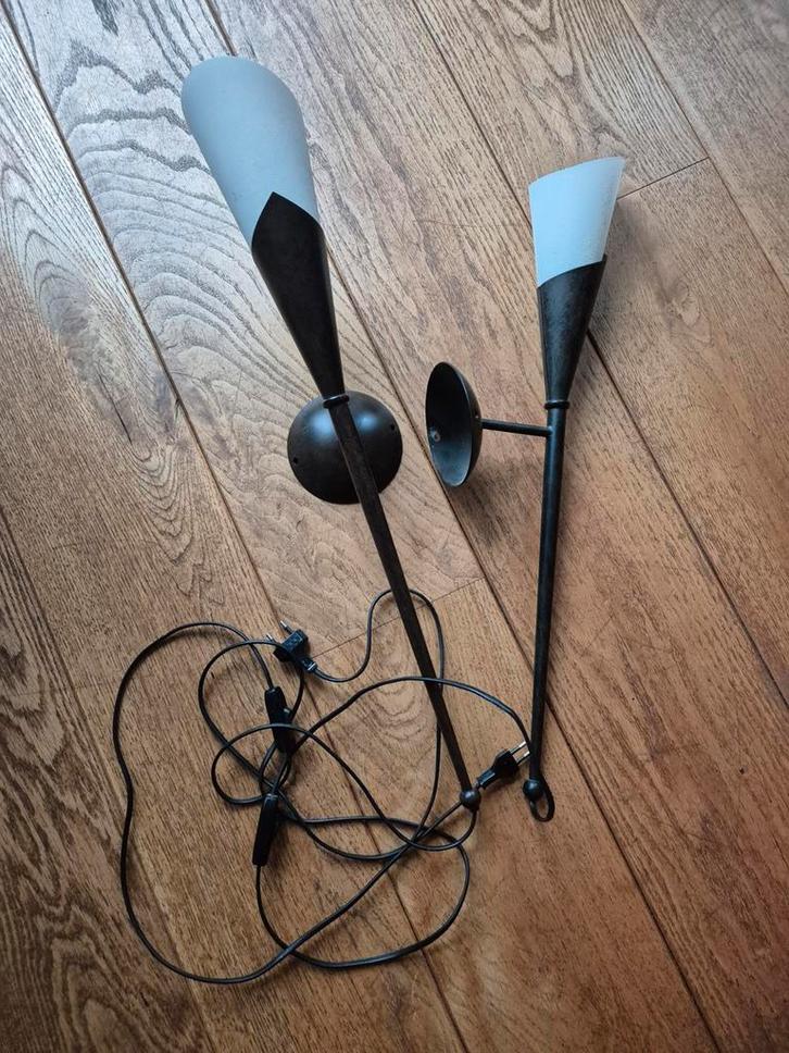Vintage Wandlampen Set - Metaal & Glas, Huis en Inrichting, Lampen | Wandlampen, Gebruikt, Glas, Metaal, Ophalen