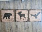 Rustieke Houten Schilderijen Set - Bos Dieren, Huis en Inrichting, Woonaccessoires | Schilderijen, Tekeningen en Foto's, Ophalen of Verzenden