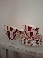 6x  brocante soepkom en schotel california rood wit, Ophalen of Verzenden