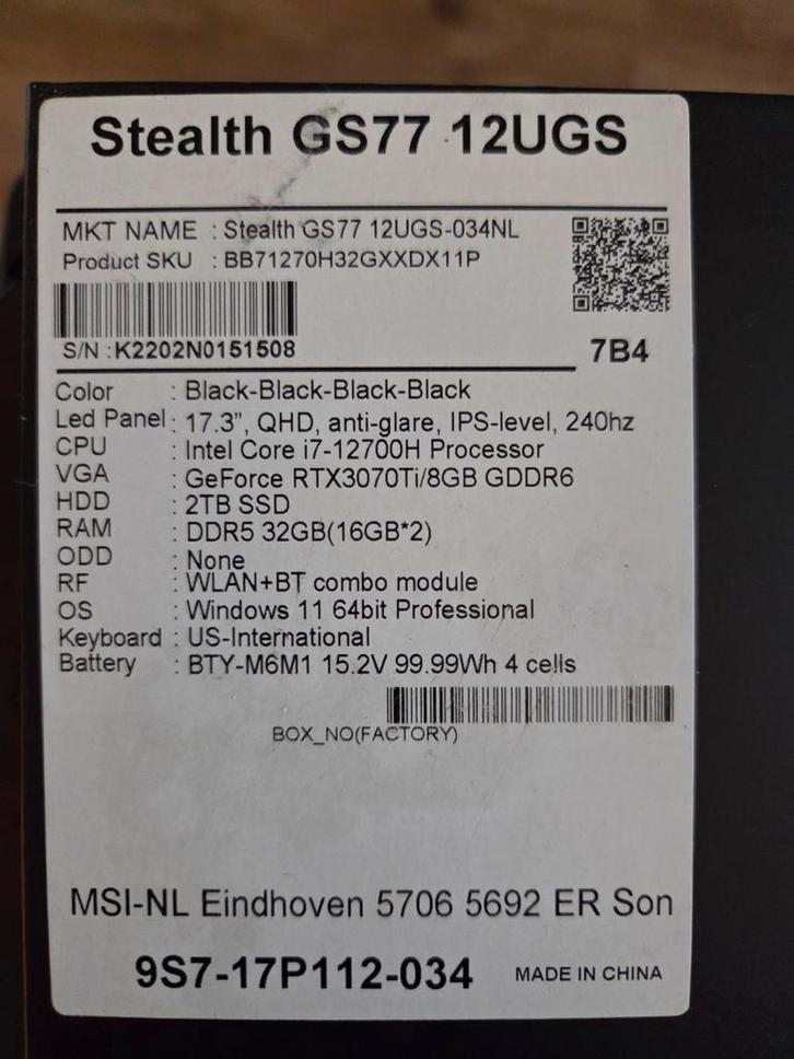 MSI Stealth GS77 (12UGS-034NL) Gaming Laptop, Computers en Software, Windows Laptops, Zo goed als nieuw, 17 inch of meer, SSD