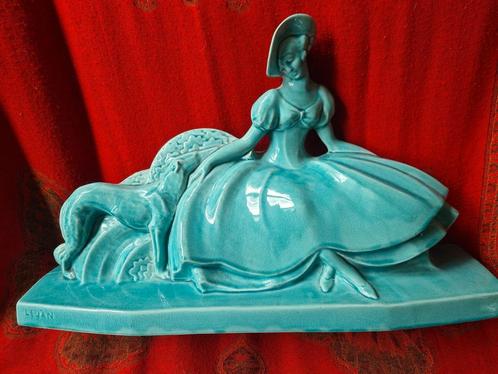 Art Deco beeld craquele turquoise Lejan, Antiek en Kunst, Antiek | Keramiek en Aardewerk, Ophalen