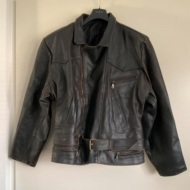 DONKERBRUINE KORTE STEVIGE LEREN HERENJACK MAAT L, Kleding | Heren, Jassen | Winter, Gedragen, Maat 48/50 (M), Bruin, Ophalen of Verzenden