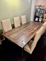 Eikenhouten tafel + 6 beige leren stoelen, Ophalen, Zo goed als nieuw
