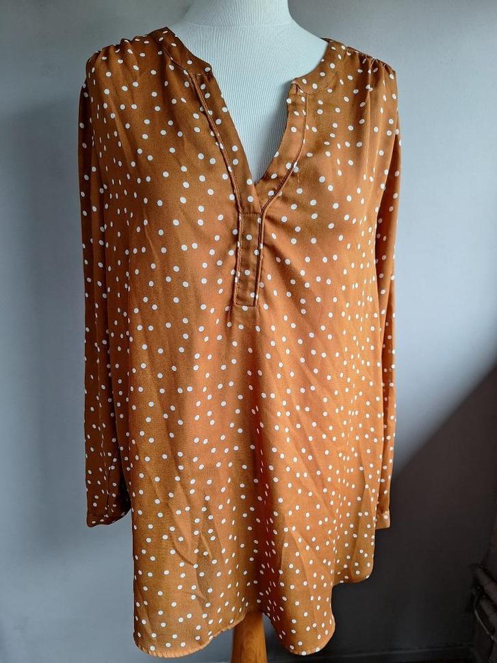 Nieuwe bruine stretch top stippen van Miss Etam, maat 50, Kleding | Dames, Tops, Nieuw, Maat 46/48 (XL) of groter, Bruin, Lange mouw
