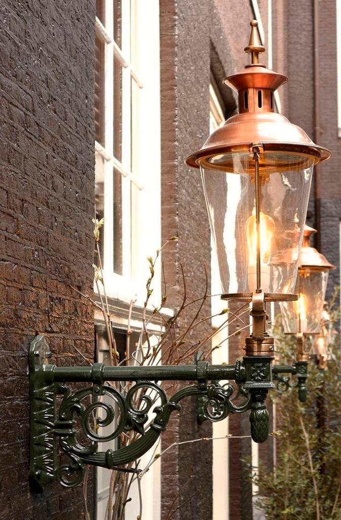112 cm hoge gevellamp koper messing geblazen glas wandlamp., Tuin en Terras, Buitenverlichting, Zo goed als nieuw, Wandlamp, Overige materialen