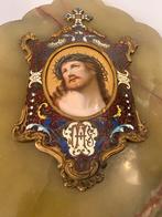 Antiek Wijwaterbakje Jezus met Doornenkroon Emaille Kruis, Antiek en Kunst, Antiek | Religie, Ophalen of Verzenden