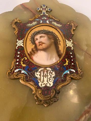Antiek Wijwaterbakje Jezus met Doornenkroon Emaille Kruis beschikbaar voor biedingen
