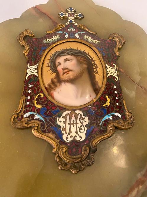 Antiek Wijwaterbakje Jezus met Doornenkroon Emaille Kruis, Antiek en Kunst, Antiek | Religie, Ophalen of Verzenden