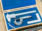 Schuifmaat, winkelhaak en micrometer in een houten kist, Doe-het-zelf en Verbouw, Draaibanken, Ophalen of Verzenden, Gebruikt