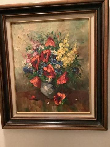 Prachtig ingelijst klassiek schilderij vaas met bloemen beschikbaar voor biedingen