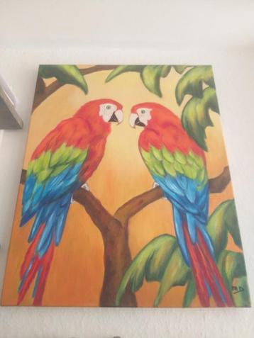 Schilderij van papegaaien, handgemaakt geschilderd beschikbaar voor biedingen