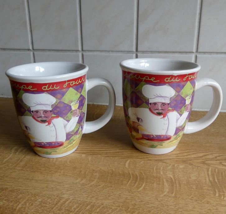 Soepbekers mokken kok soepmok bekers soupe du jour, Huis en Inrichting, Keuken | Servies, Gebruikt, Kop(pen) en/of Schotel(s)