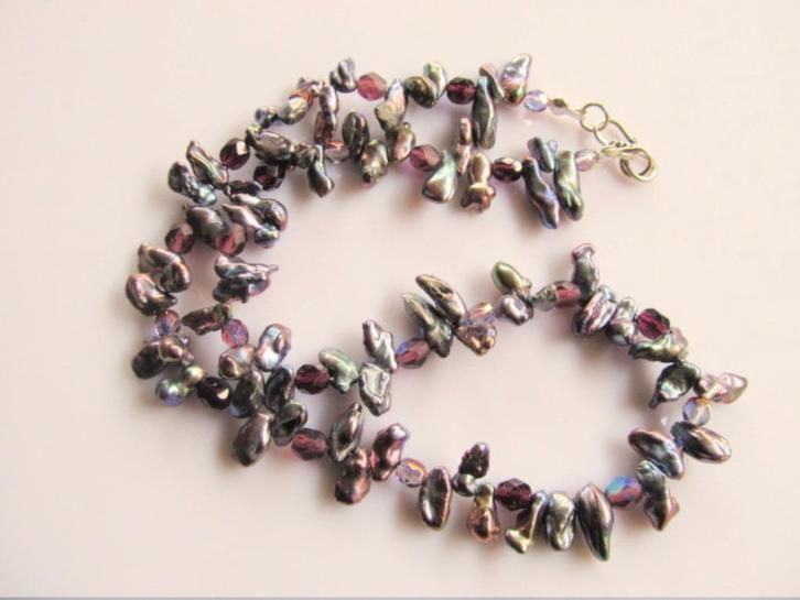 Ketting Keshi Peacock zoetwaterparels-glas zilver, Sieraden, Tassen en Uiterlijk, Kettingen, Nieuw, Zilver, Paars, Met kristal