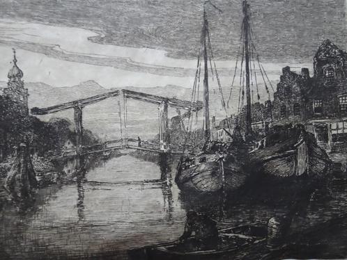 Ets stadsgezicht N-Holland ophaalbrug kotters, P. Matthes, Antiek en Kunst, Kunst | Etsen en Gravures, Verzenden