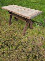 Houten industriële vintage tuintafel met ijzeren onderstel., Ophalen, Gebruikt, Rechthoekig, Metaal