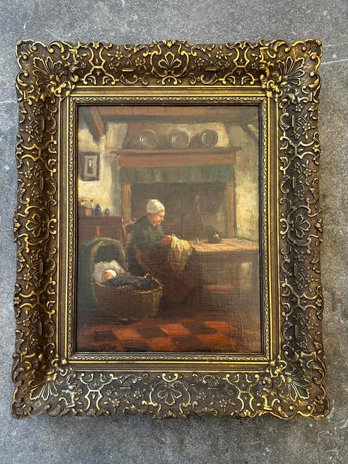 Olieverfschilderij Interieur met Breiende Vrouw A. v.d. Berg, Antiek en Kunst, Kunst | Schilderijen | Klassiek, Ophalen of Verzenden