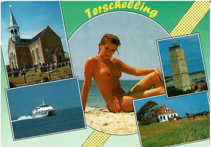 Terschelling Kerk Brandaris Snelboot, Verzamelen, Ansichtkaarten | Nederland, Gelopen, Waddeneilanden, 1980 tot heden, Ophalen of Verzenden