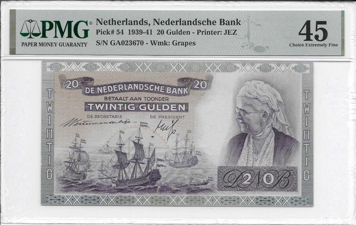 20 gulden 1939 'Emma' PMG 45, Prachtig, Postzegels en Munten, Bankbiljetten | Nederland, Los biljet, 25 gulden, Ophalen of Verzenden