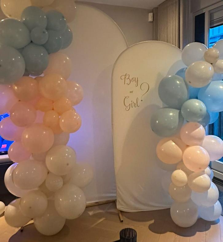 TE HUUR: backdrop balonnenboog babyshower/ gender reveal, Hobby en Vrije tijd, Feestartikelen | Verhuur, Zo goed als nieuw, Geboorte of Huwelijk