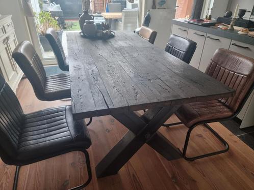 Eettafel wagonhout 220 x 100 en 6 leren stoelen, Huis en Inrichting, Tafels | Eettafels, Zo goed als nieuw, 50 tot 100 cm, 200 cm of meer
