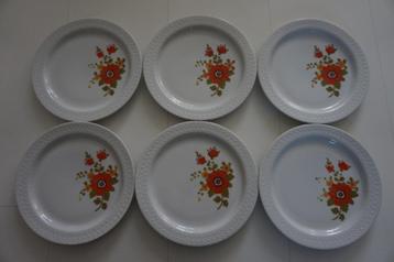 6 retro borden Scherzer Bavaria wit oranje vintage bloemen beschikbaar voor biedingen