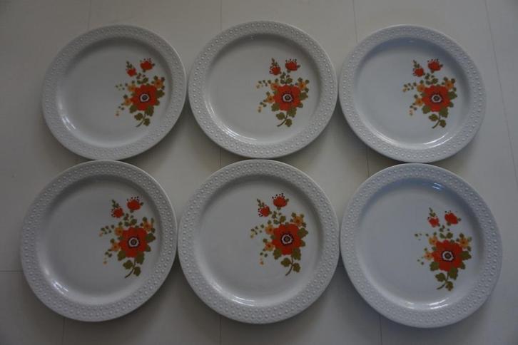 6 retro borden Scherzer Bavaria wit oranje vintage bloemen, Huis en Inrichting, Keuken | Servies, Zo goed als nieuw, Bord(en)