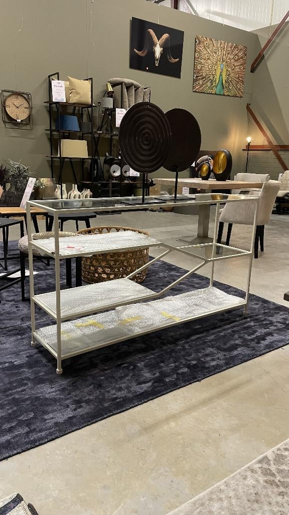 Sidetable beige glas en metaal, Huis en Inrichting, Tafels | Sidetables, Ophalen, Nieuw, Glas, 150 tot 200 cm